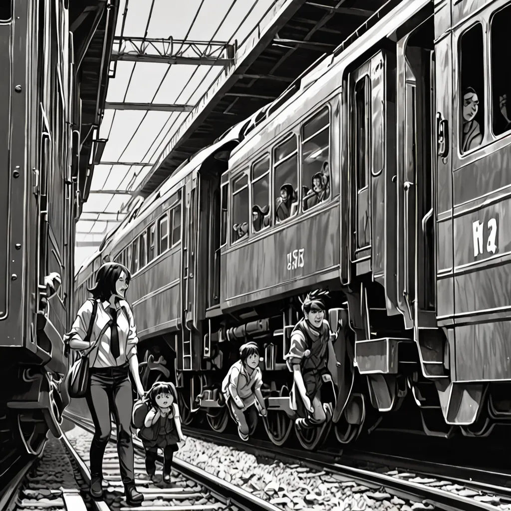 a black and white photo of a train station with people walking on the tracks and a train on the tracks, Apollonia Saintclair, photorealism, an ultrafine detailed painting, highly detailed digital painting