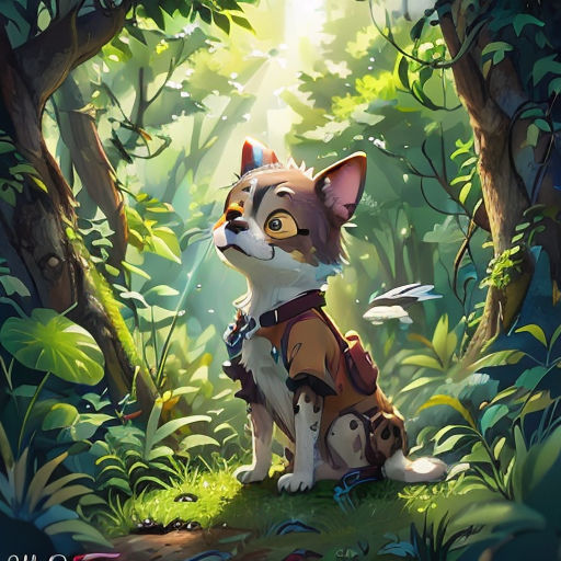 a dog sitting in the middle of a forest with a light shining through the trees behind it and a dog in the foreground