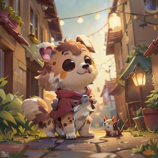 a cartoon dog with a red scarf on standing in a street next to a dog and a cat on a leash