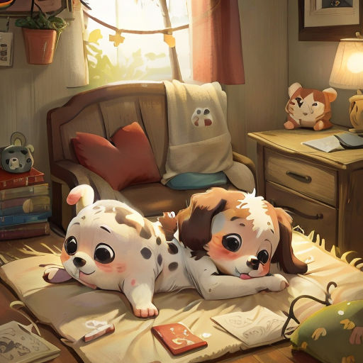 a couple of dogs laying on top of a bed next to a window with a teddy bear on it