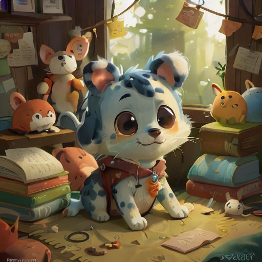 a cartoon animal sitting on top of a pile of books next to a window with a mouse on it