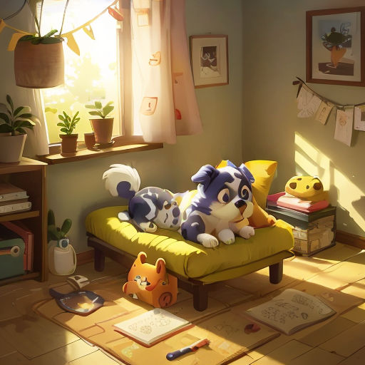a dog laying on a bed in a room with a window and a rug on the floor and a potted plant