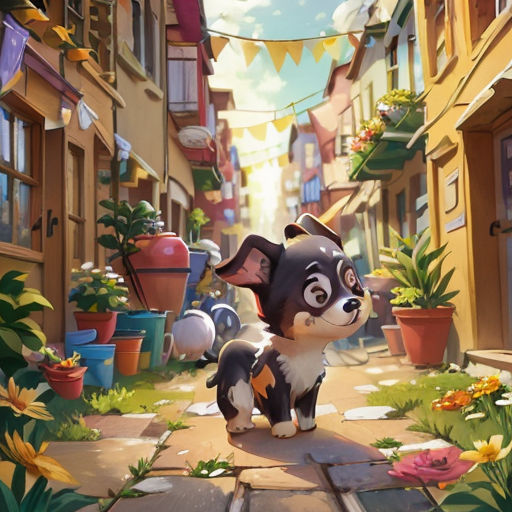 a cartoon dog standing on a sidewalk in a city with lots of flowers and plants around it, with a banner in the background