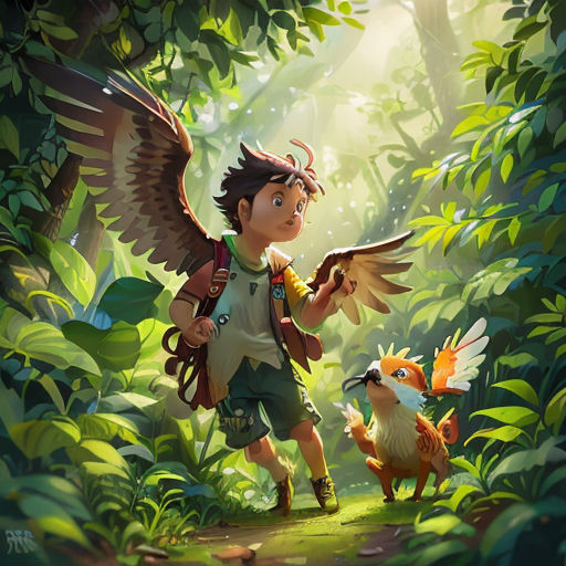 a boy with a backpack and a bird in the jungle with a fox and a bird in his hand