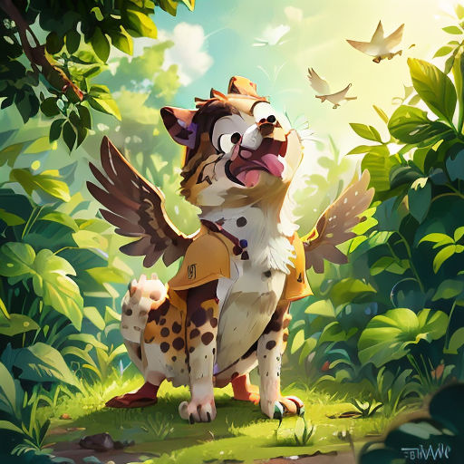 a cartoon cat with a bird on its back in the forest with a bird flying above it and a bird flying above it