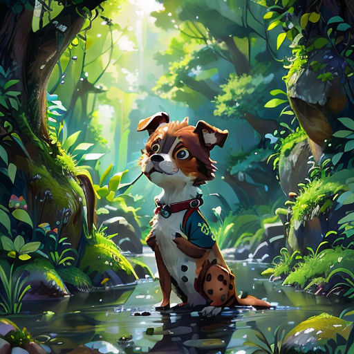 a dog sitting in the middle of a forest with a stream of water in front of it and a forest background