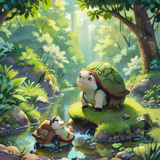 a turtle and a penguin are in a forest by a stream with a boat in the water and a forest with trees and rocks