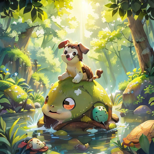 a dog sitting on top of a turtle in a forest with a turtle on it's back and another dog sitting on top of it