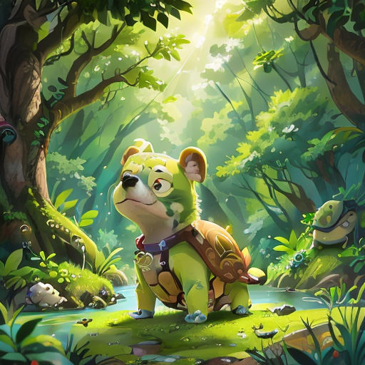 a cartoon turtle is riding on a turtle in the forest with a sunbeam behind it and a forest scene behind it