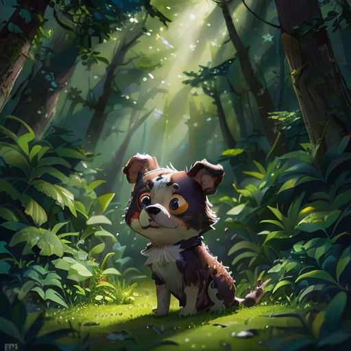 a dog sitting in the middle of a forest with a light shining through the trees behind it and a dog with a collar on his head