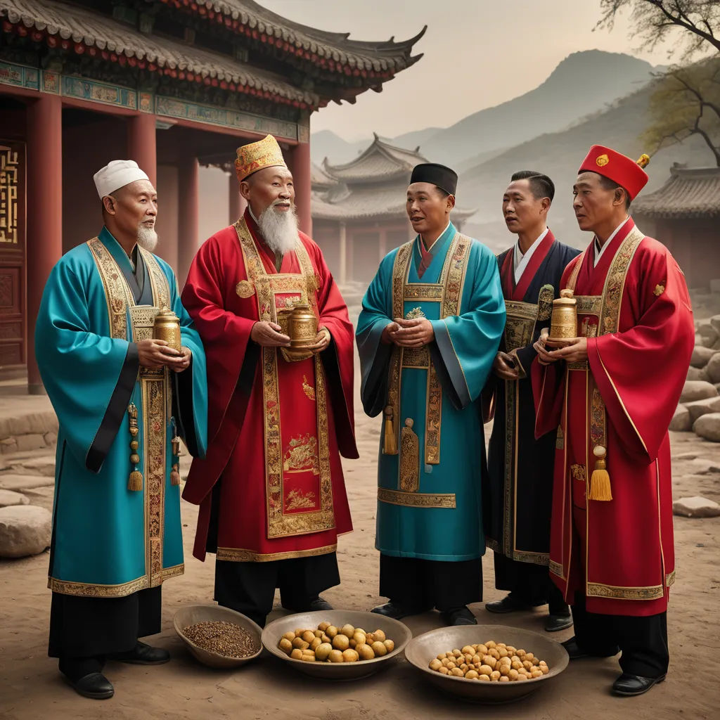 a group of men standing next to each other holding cups and bowls of food in front of a building, art & language, a photorealistic painting, Byeon Sang-byeok, orientalism