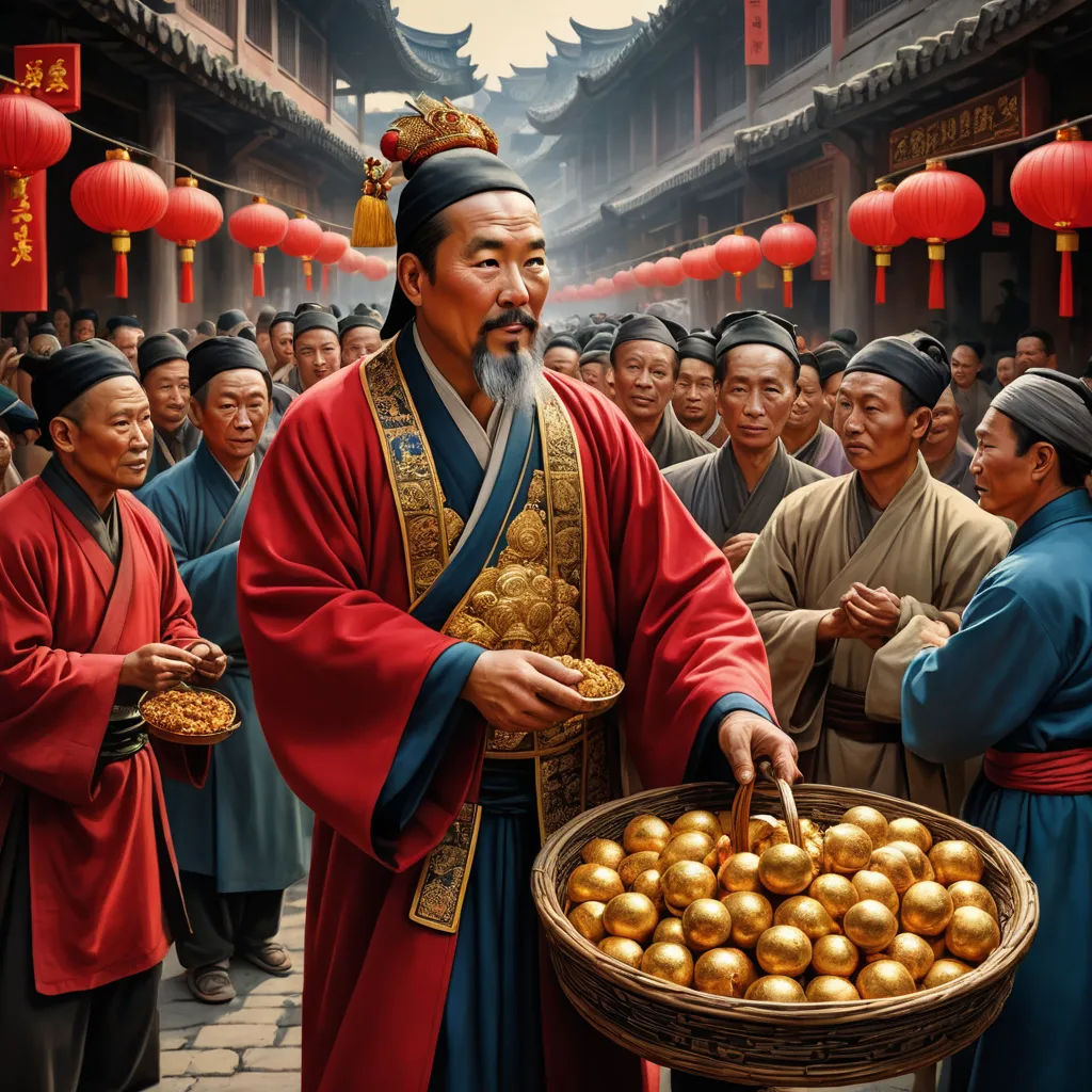 a painting of a man holding a tray of food in front of a crowd of people in oriental dress, cloisonnism, an ultrafine detailed painting, Emperor Huizong of Song, highly detailed digital painting