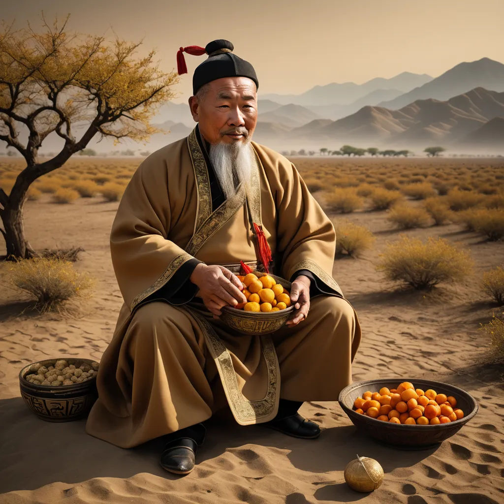 a man sitting in the desert with a bowl of oranges in front of him and a bowl of oranges in the foreground, cloisonnism, a photorealistic painting, Chen Lu, award - winning photography