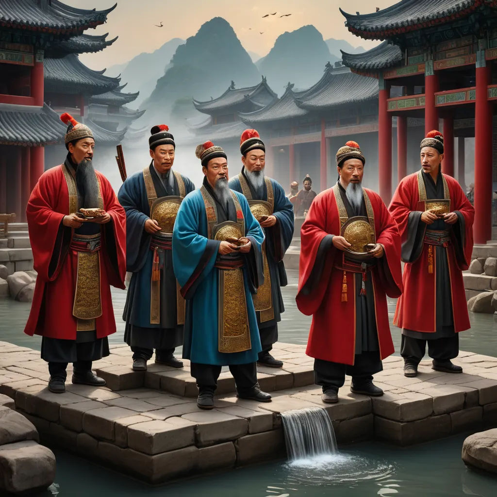 a group of asian men standing on a stone platform in front of a pond with a waterfall in the middle, cloisonnism, a detailed matte painting, Christophe Vacher, highly detailed digital painting