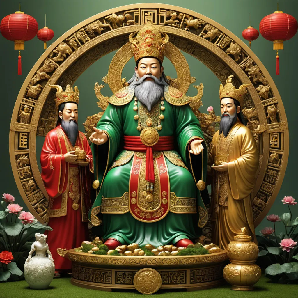 a statue of a man with two other men standing next to him and holding a pot of flowers in front of him, cloisonnism, a statue, Emperor Huizong of Song, figurine