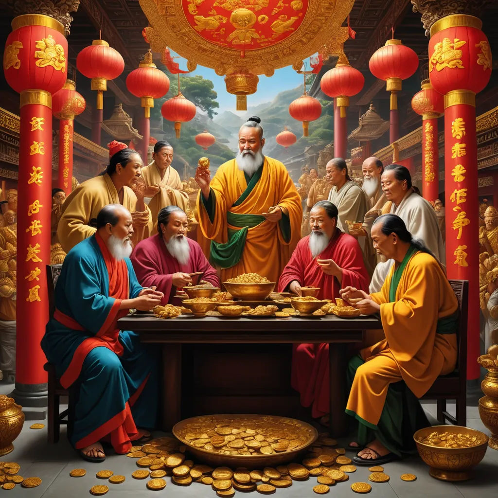 a painting of a group of people sitting around a table with gold coins in front of them and a man standing in front of them, cloisonnism, a detailed painting, Emperor Huizong of Song, highly detailed digital painting