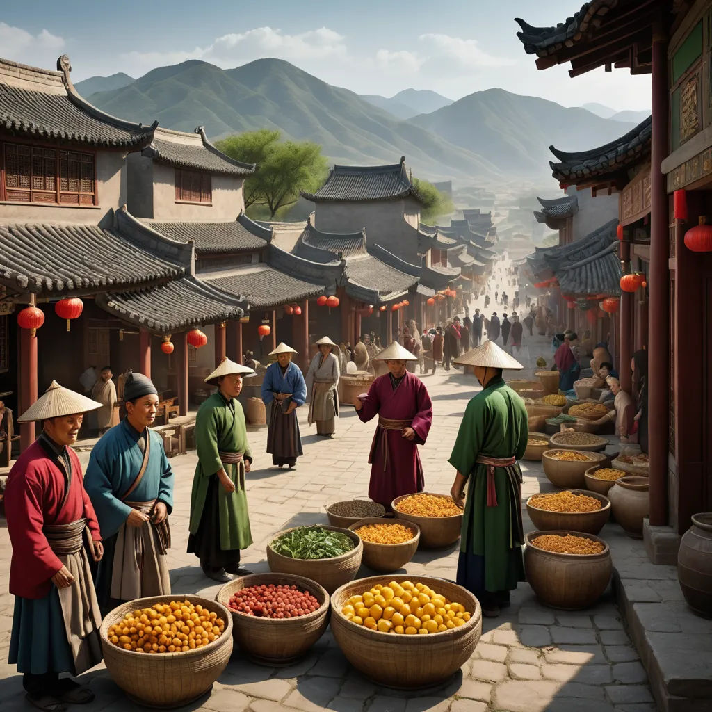 a group of people standing around a market with baskets of food on the ground and mountains in the background, cloisonnism, a detailed matte painting, Evgeny Lushpin, cinematic matte painting