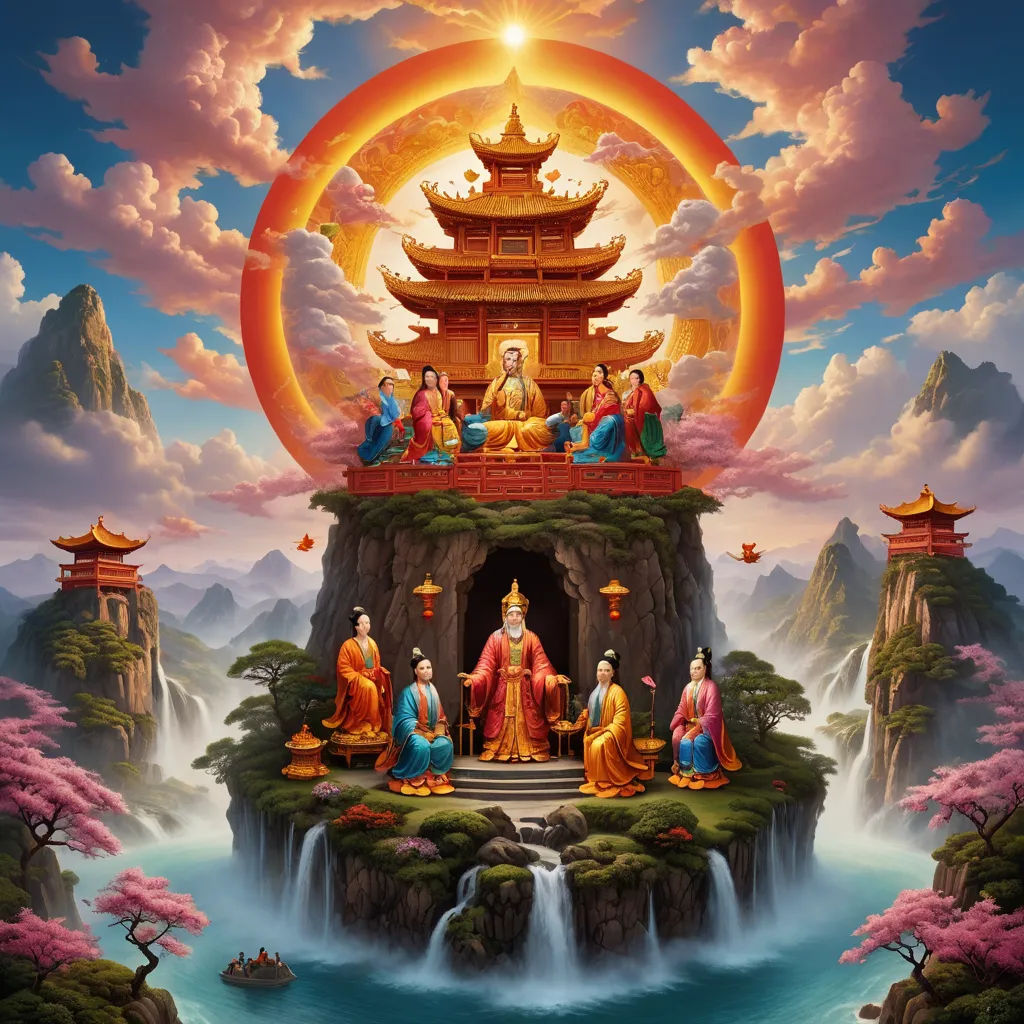 a painting of buddhas sitting on a small island in the middle of a river with a waterfall below, cloisonnism, a detailed matte painting, Christophe Vacher, highly detailed digital painting