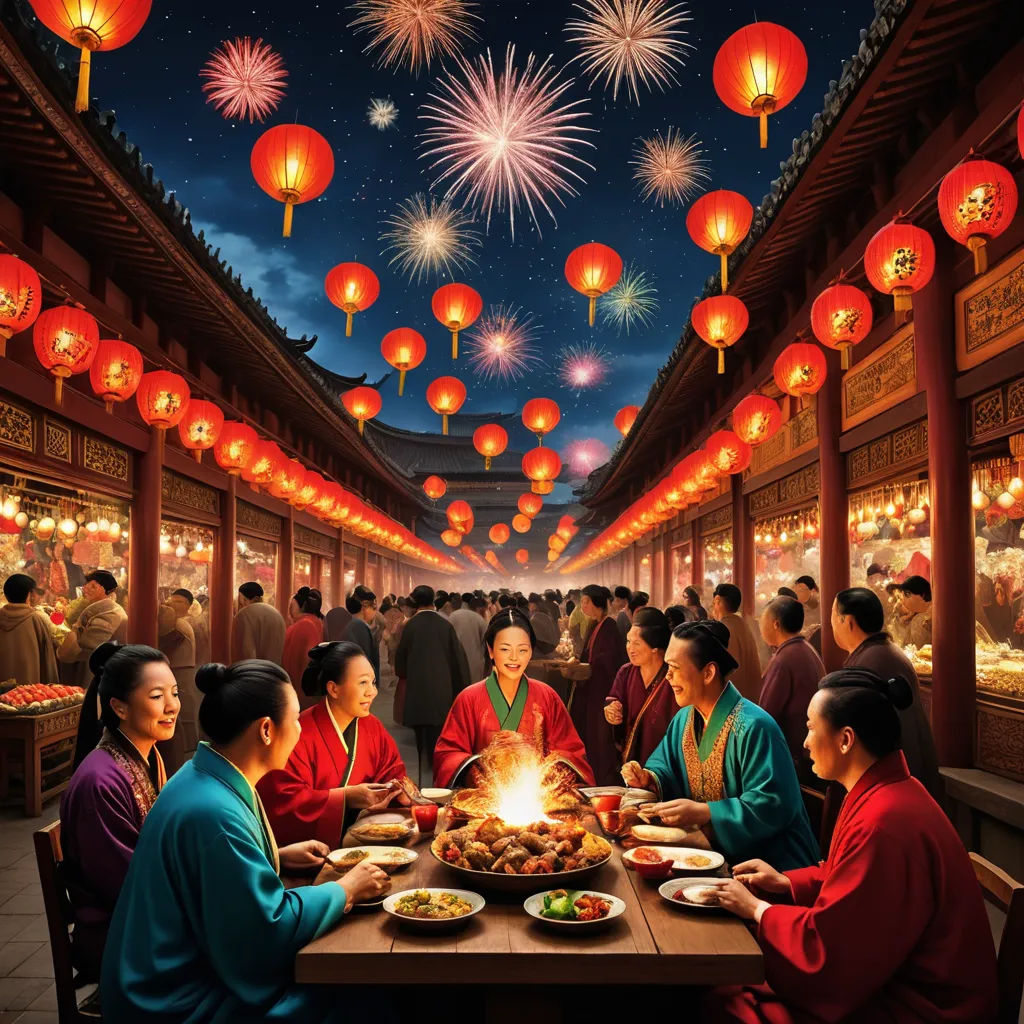 a group of people sitting around a table with food on it and fireworks in the sky above them and lanterns above, cloisonnism, a detailed matte painting, An Zhengwen, highly detailed digital painting