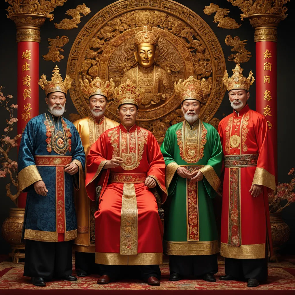 a group of men standing next to each other in front of a golden throne with a statue behind them, excessivism, a poster, Emperor Huizong of Song, promotional image