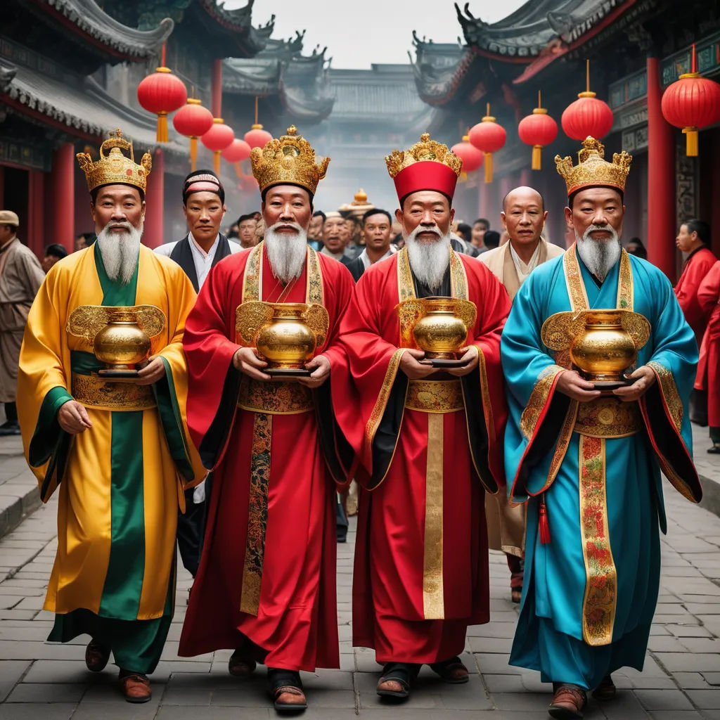 a group of men in chinese costumes holding bowls and cups in their hands and wearing crowns and holding bowls, cloisonnism, a colorized photo, Emperor Huizong of Song, orientalism
