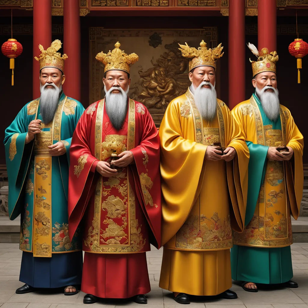 three men in chinese costumes standing next to each other in front of a building with red pillars and lanterns, cloisonnism, a digital rendering, Emperor Huizong of Song, highly detailed digital painting