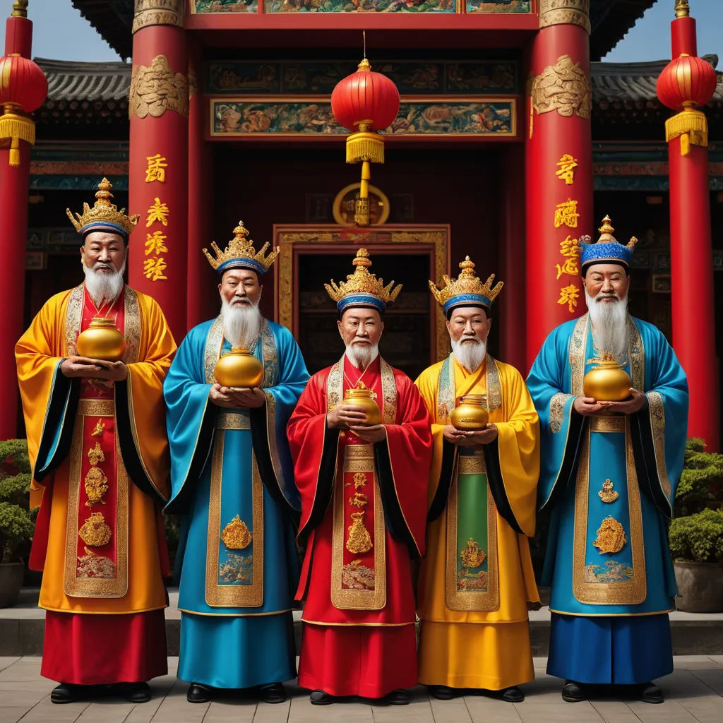 a group of men standing next to each other in front of a building with red pillars and gold decorations, cloisonnism, a colorized photo, Emperor Huizong of Song, orientalism