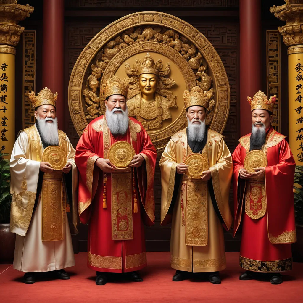 three men in robes standing next to each other in front of a statue of a buddha and a golden medallion, academic art, a photorealistic painting, Emperor Huizong of Song, highly detailed digital painting