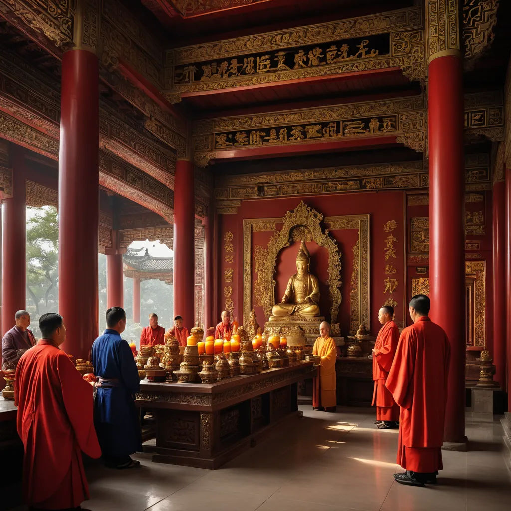 a group of monks standing around a table with candles on it in a room with columns and a statue, cloisonnism, a detailed matte painting, Fang Congyi, orientalism