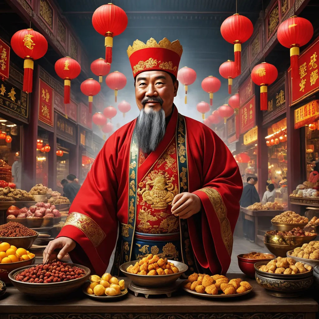 a man in a red robe standing in front of a table filled with food and lanterns hanging above it, cloisonnism, a photorealistic painting, Emperor Huizong of Song, highly detailed digital painting