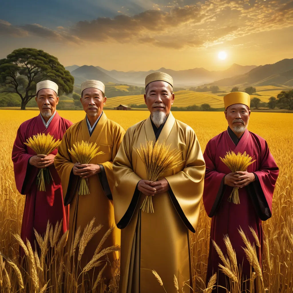 a group of people standing in a field of wheat with a sunset in the background and a tree in the foreground, magical realism, a photorealistic painting, Choi Buk, award - winning photography