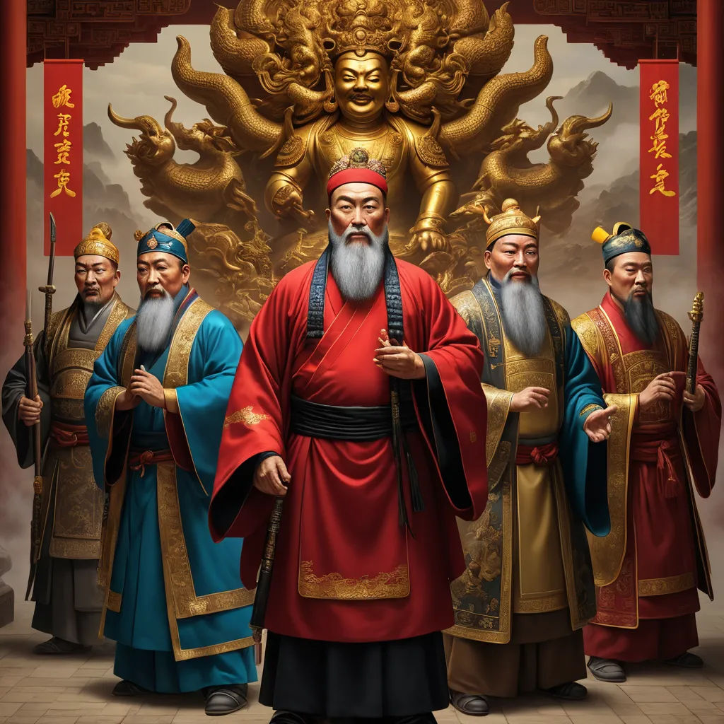 a group of men standing next to each other in front of a golden statue with a dragon on it, fantasy art, a painting, Emperor Huizong of Song, highly detailed digital painting