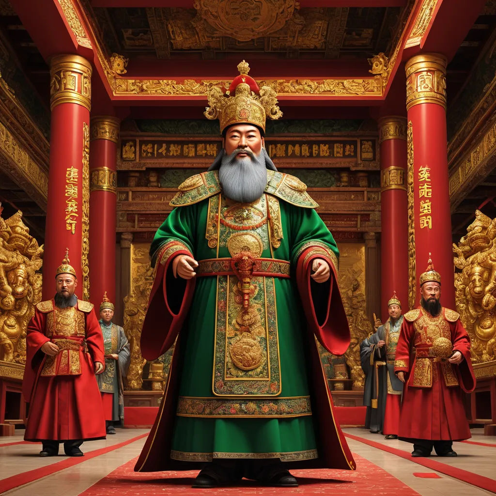 a man in a green and gold outfit standing in front of a group of men in red and gold, cloisonnism, a raytraced image, Emperor Huizong of Song, promotional image