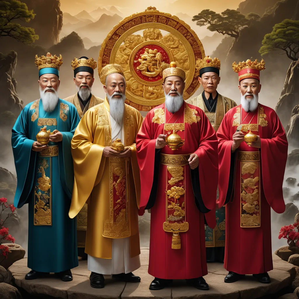 a group of men standing next to each other in front of a painting of a mountain landscape with a golden circle, magical realism, a poster, Emperor Huizong of Song, highly detailed digital painting