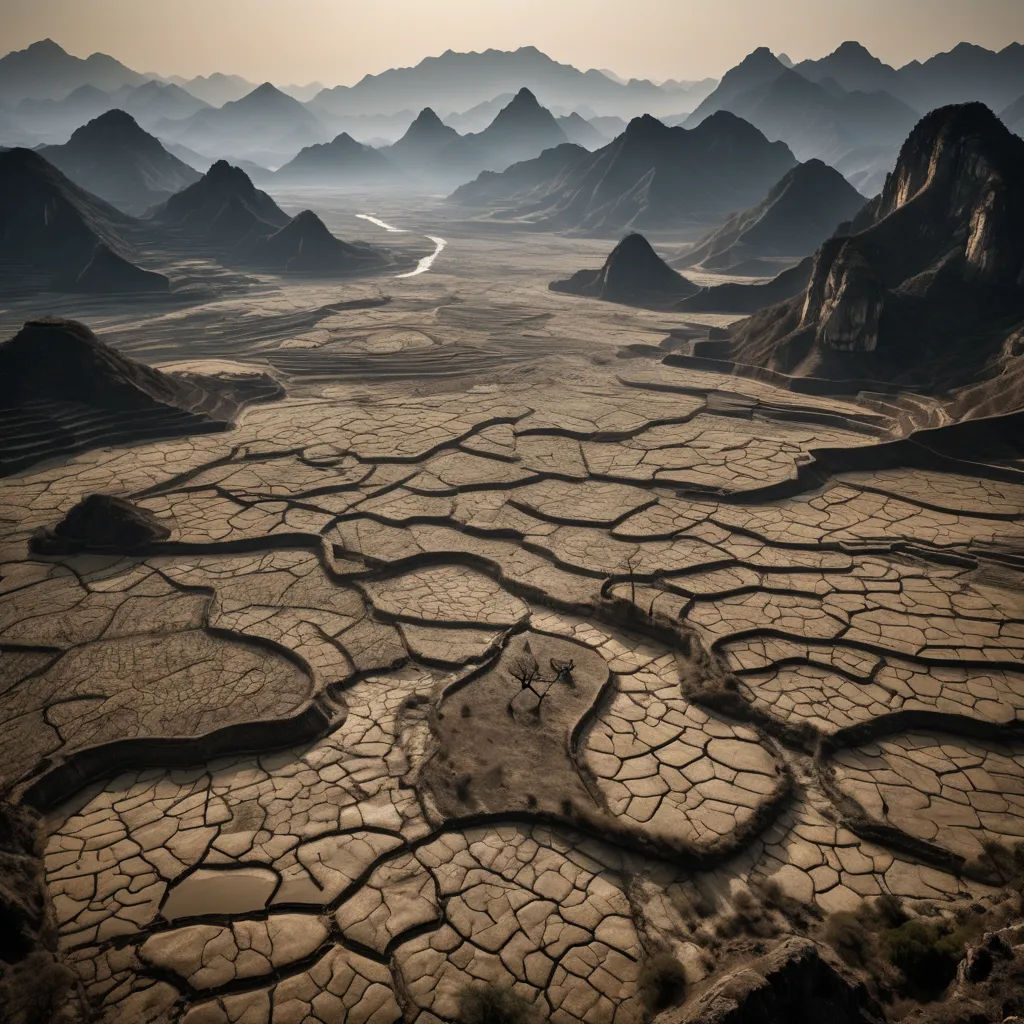 a barren area with a river running through it and mountains in the background with a sky line in the middle, land art, a detailed matte painting, Amir Zand, award - winning photography