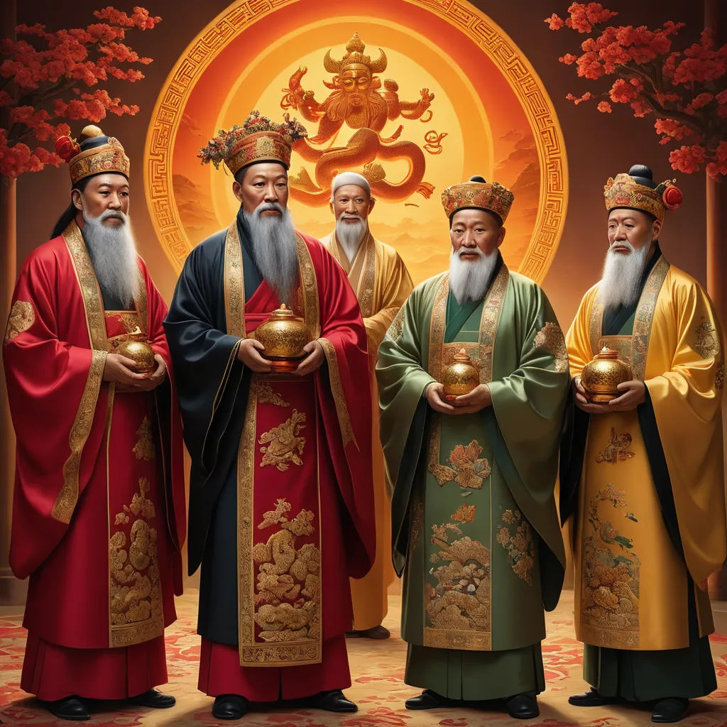 a group of men standing next to each other holding bowls of food in front of a sun with a dragon, metaphysical painting, a detailed painting, Emperor Huizong of Song, highly detailed digital painting