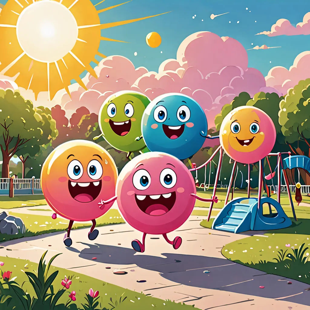 a group of cartoon balls running down a sidewalk near a playground with a playground slide and a playground set, sots art, a storybook illustration, Chris LaBrooy, rossdraws global illumination