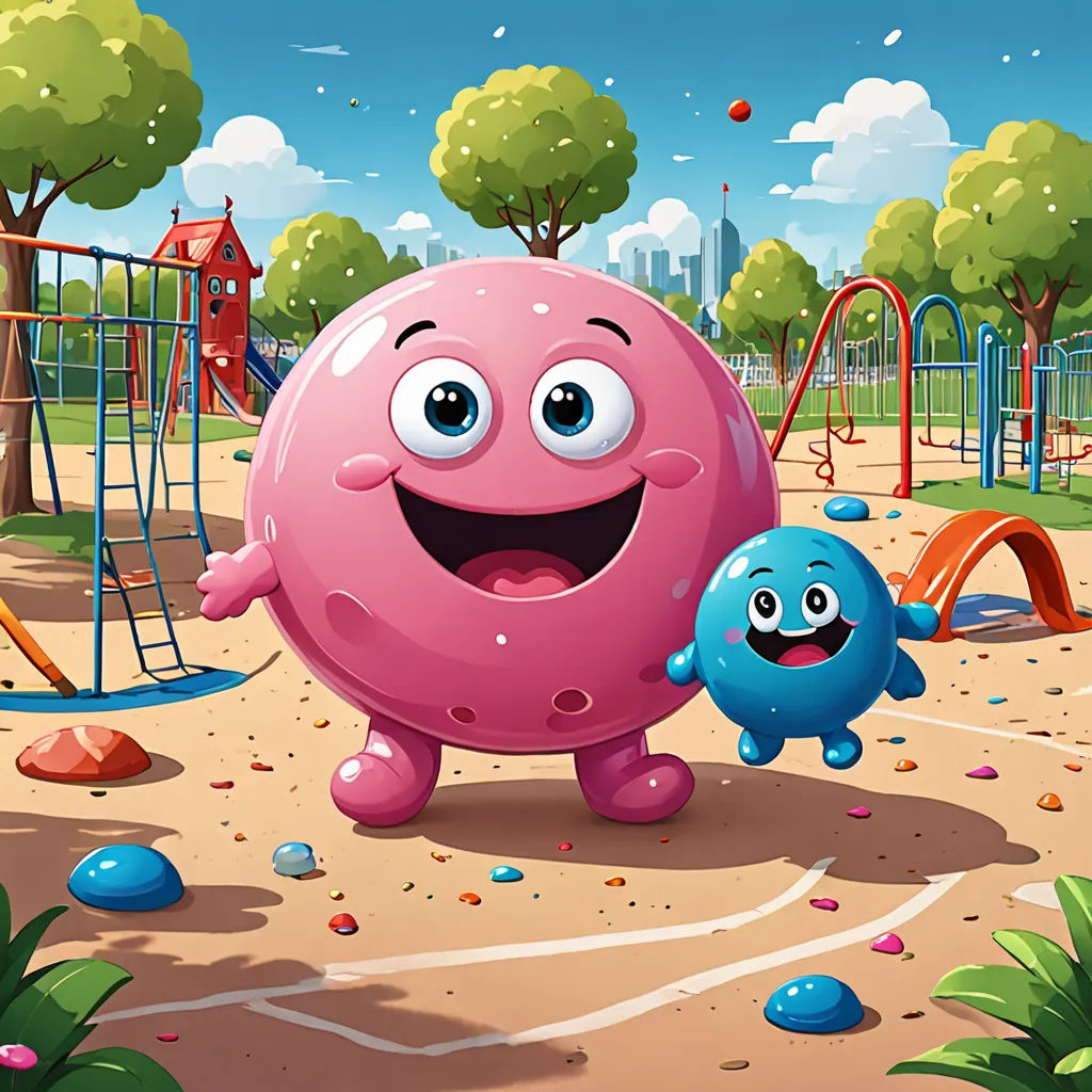 a cartoon character holding a blue ball in a playground area with a playground structure in the background and trees and bushes, lyco art, a storybook illustration, Chris LaBrooy, 2 d game art