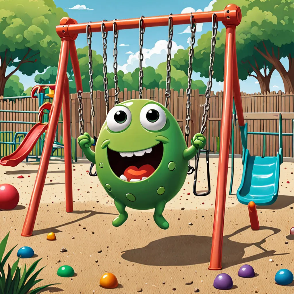 a green monster is playing in a playground with a swing set and balls in the ground and a fence in the background, lyco art, a digital painting, Chris LaBrooy, highly detailed digital painting
