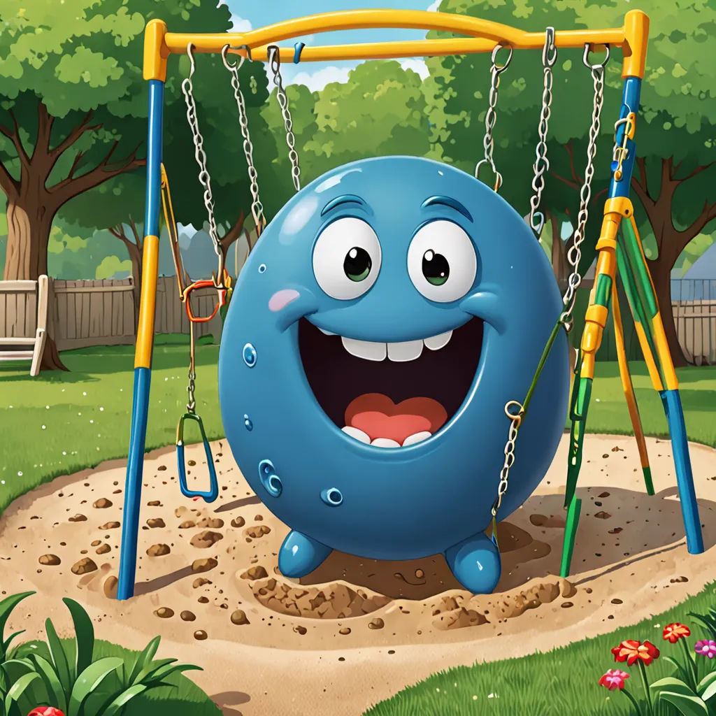 a blue ball with a smile on it is in a playground with swings and a swing set in the background, sots art, concept art, Chris LaBrooy, promotional image