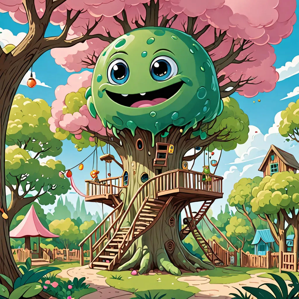 a cartoon tree house with a tree in the middle of it and a ladder up to it's roof, pop surrealism, a storybook illustration, Chris LaBrooy, promotional image
