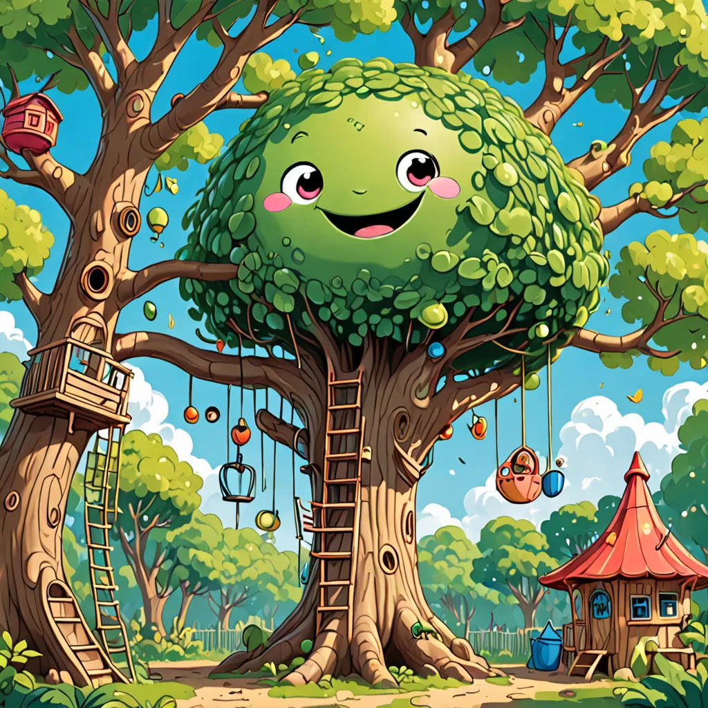 a cartoon tree with a ladder to the top of it and a house in the background with a ladder to the top of it, pop surrealism, a storybook illustration, Chris LaBrooy, highly detailed digital painting