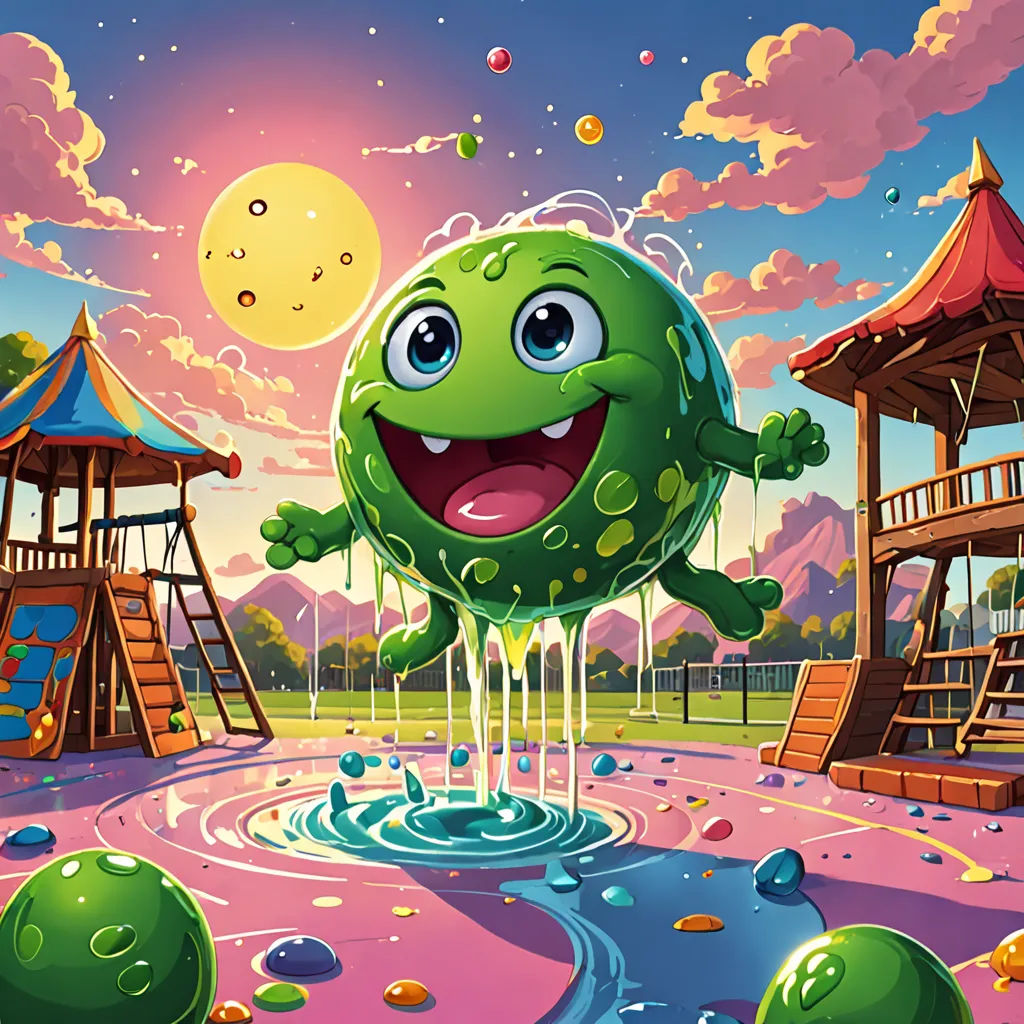 a cartoon green monster is in a playground with a water puddle and a playground structure in the background and a pink sky, sots art, a storybook illustration, Chris LaBrooy, 2 d game art