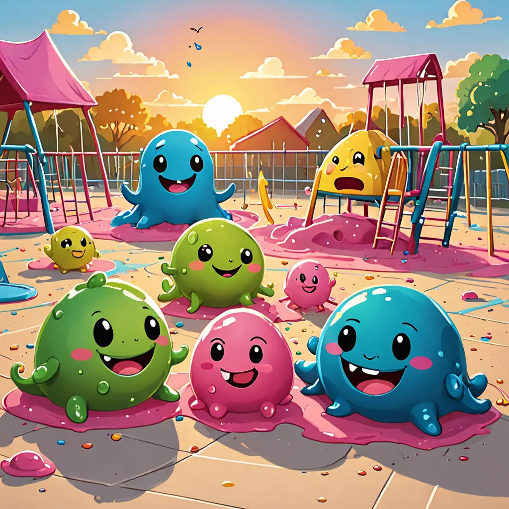 a group of colorfully painted children's toys in a playground area with a pink tent and swings, pop surrealism, a storybook illustration, Chris LaBrooy, rossdraws global illumination