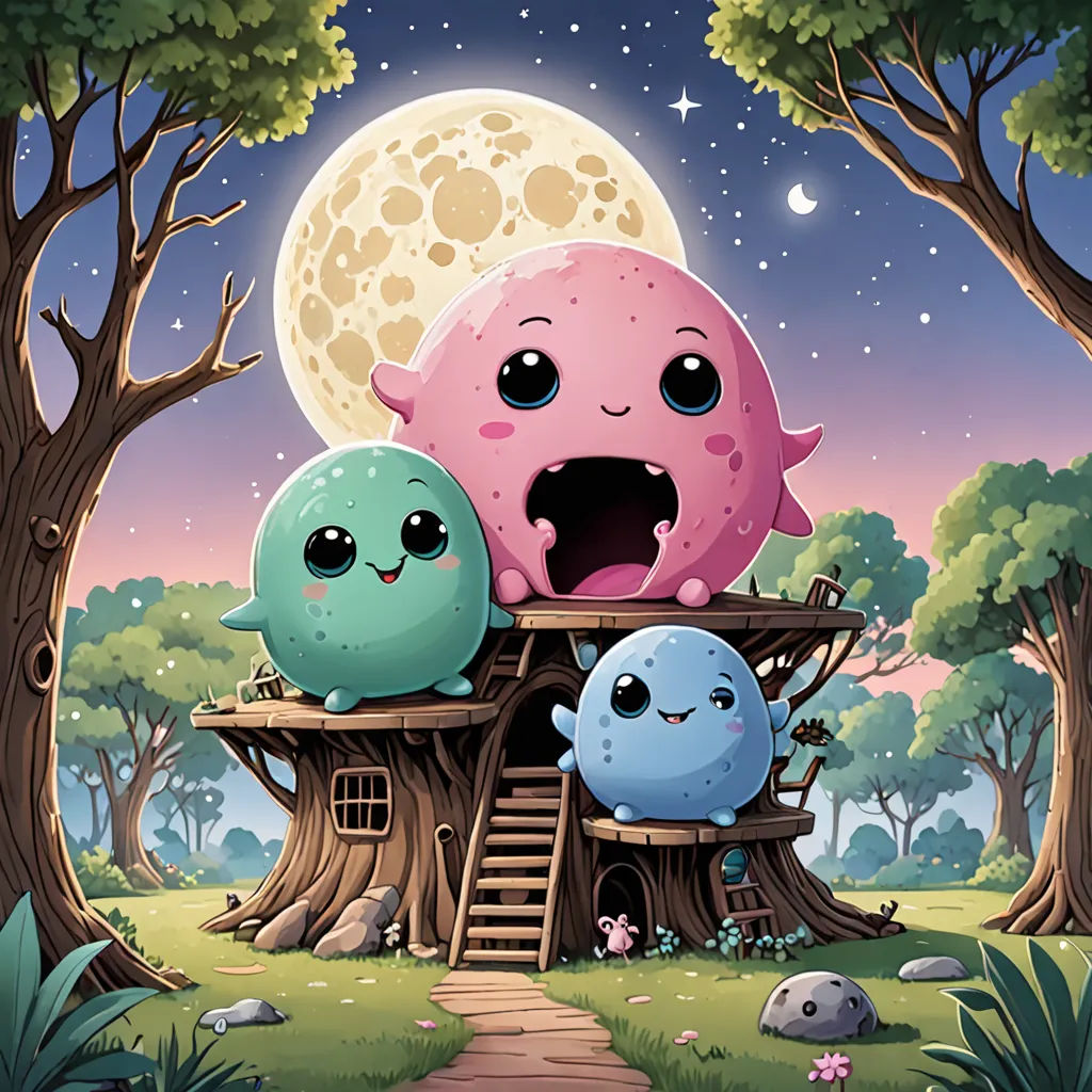 a group of cartoon monsters sitting on top of a tree house in the woods with a full moon in the background, pop surrealism, a storybook illustration, Chris LaBrooy, official art