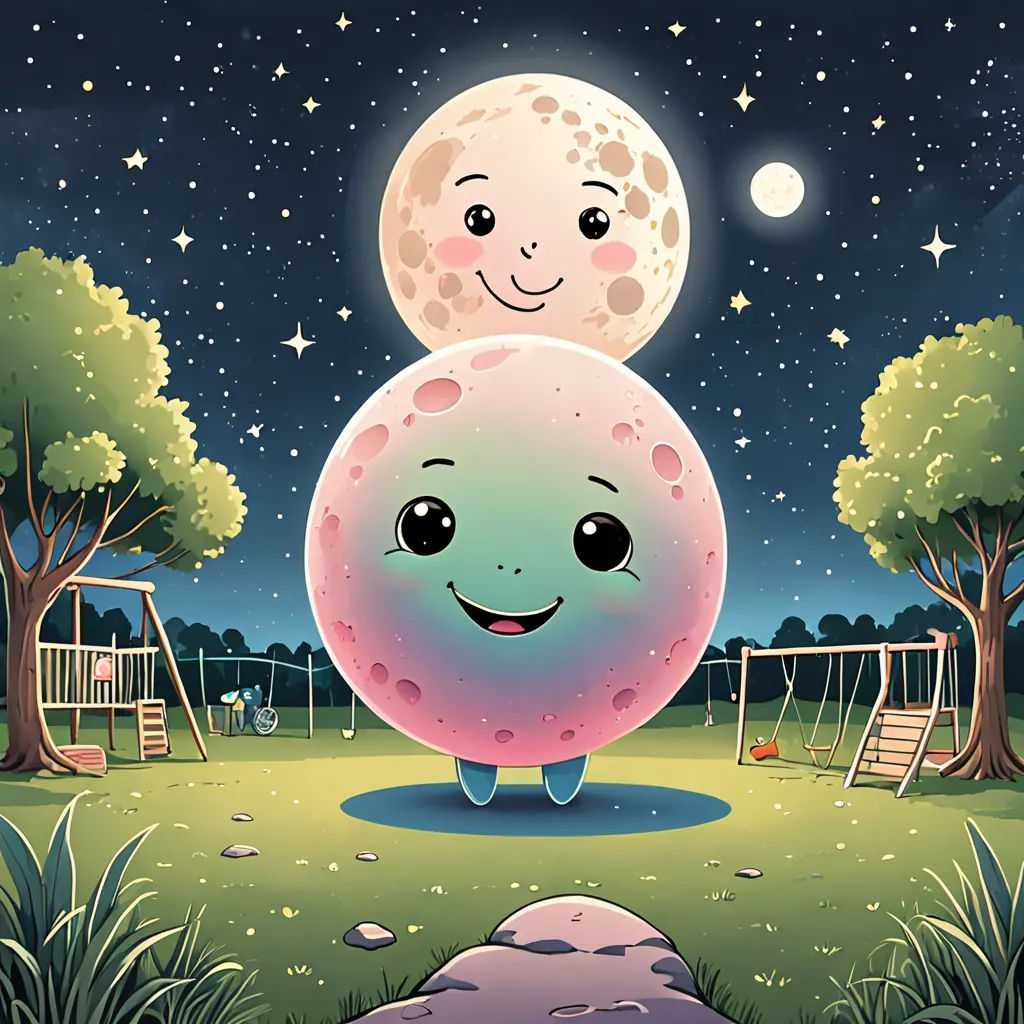 a cartoon character holding a giant ball in a park at night with a full moon in the background and a swing set in the grass, pop surrealism, a storybook illustration, Chris LaBrooy, promotional image
