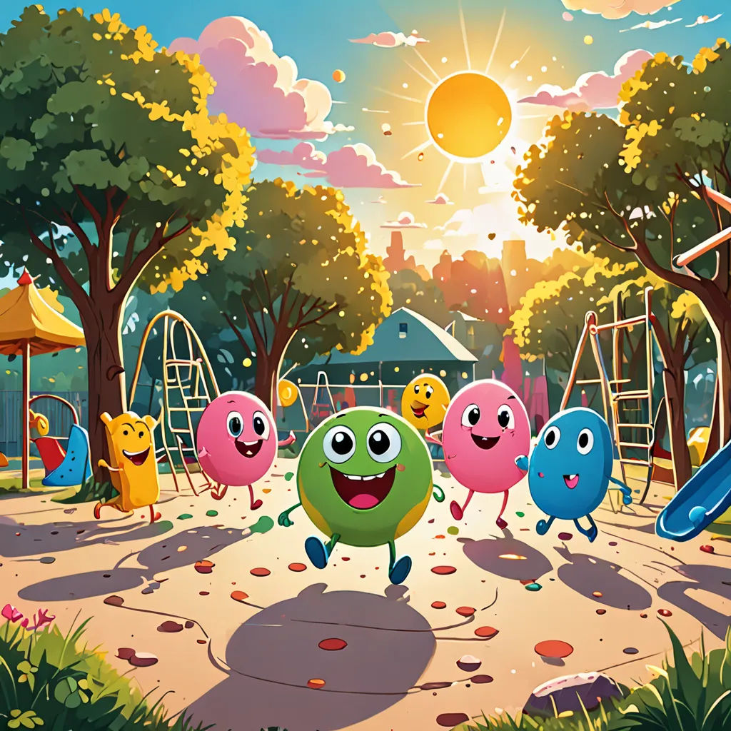 a group of cartoon characters playing in a park with a playground in the background and a sun setting behind them, sots art, a storybook illustration, Chris LaBrooy, rossdraws global illumination