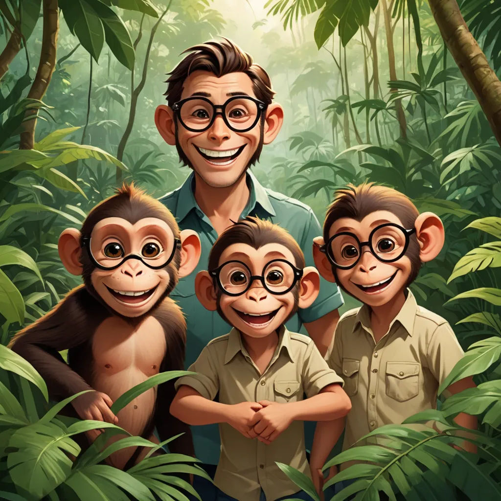 a man standing between three monkeys in a forest with a smile on his face and two of them wearing glasses, serial art, an illustration of, Diego Gisbert Llorens, official art
