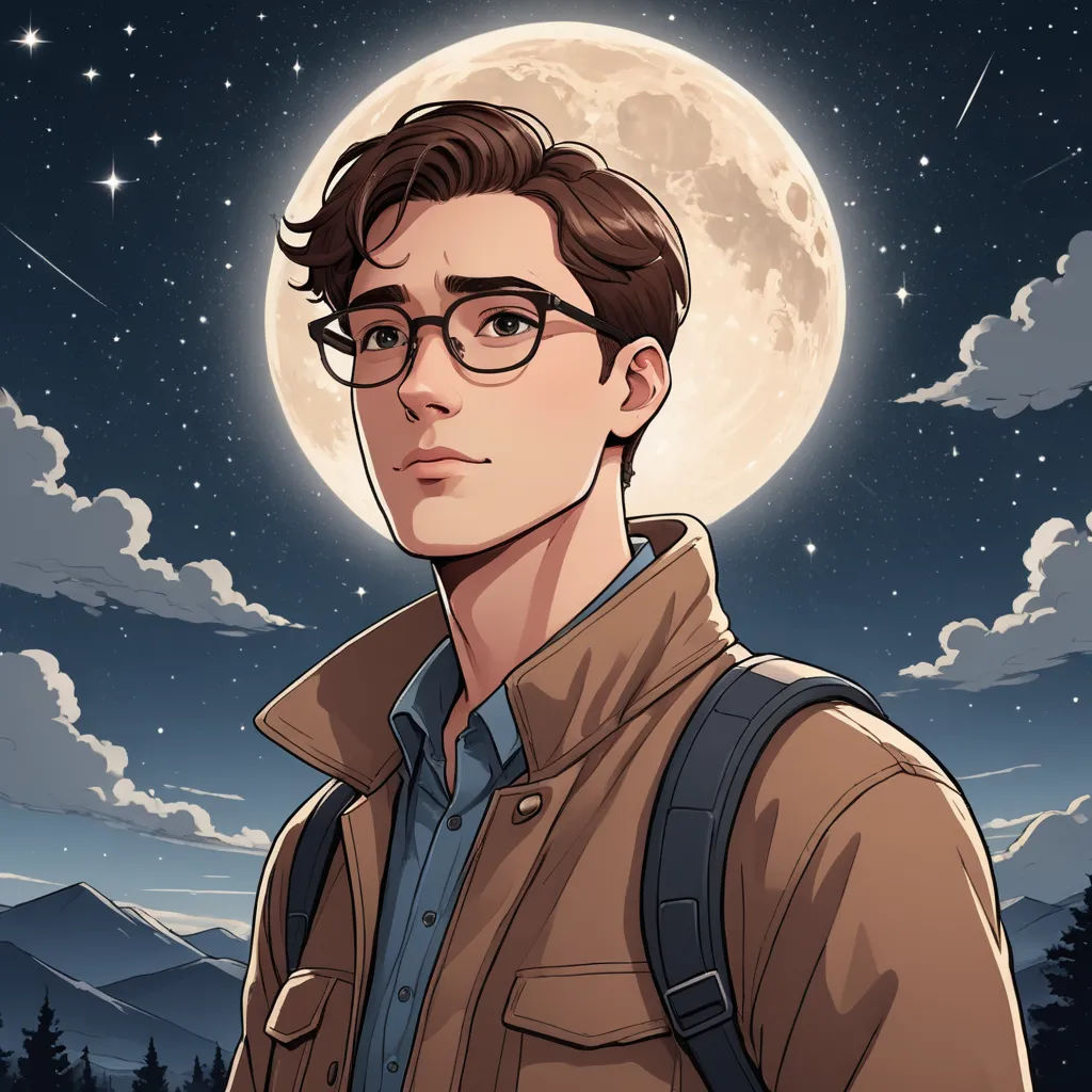 a man with glasses and a backpack standing in front of a full moon and stars background with a mountain range in the background, sots art, a character portrait, Evan Charlton, key art