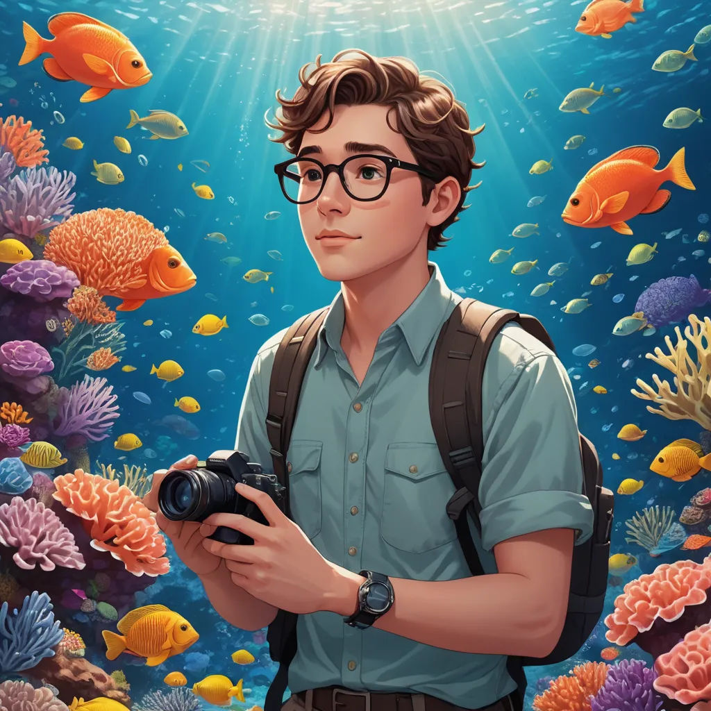 a man with a camera in front of a painting of a coral reef with fish and corals on it, photorealism, a character portrait, Cyril Rolando, rossdraws global illumination